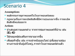 Scenario 4 Assumptions พฤติกรรมการดูภาพยนตร์ในโรงภาพยนตร์ลดลง กฎหมายเรื่องการละเมิดลิขสิทธิ์มีความรุนแรงมากขึ้น การละเมิดลิขสิทธิ์พบน้อยมาก Actions นำเสนอความแตกต่าง จากการชมภาพยนตร์ที่บ้าน เช่น  3D, 4D ใช้กลยุทธ์ส่งเสริมการขายมากขึ้น เพิ่มธุรกิจอื่น เช่น การเช่าหนังออนไลน์  ( เพื่อขยายช่องทางการเข้าถึงผู้บริโภค ),  การทำโรงภาพยนตร์ส่วนตัว 