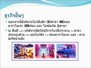 ธุรกิจอื่นๆ  นอกจากนี้ยังมีลานโบว์ลิ่งอีก  30  สาขา  480  เลน คาราโอเกะ  358  ห้อง และ ไอซ์สเก็ต  2  สาขา ณ สิ้นปี  2551   บริษัทฯเปิดให้บริการโบว์ลิ่งจำนวน  31   สาขา ประกอบด้วย  492   เลนโบว์ลิ่ง  373   ห้องคาราโอเกะ และ  1   ลานสเก็ตน้ำแข็ง 
