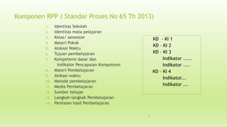 Komponen RPP ( Standar Proses No 65 Th 2013)
1. Identitas Sekolah
2. Identitas mata pelajaran
3. Kelas/ semester
4. Materi...