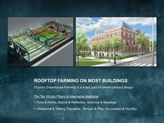 ROOFTOP FARMING ON MOST BUILDINGS
Organic Greenhouse Farming is a major part of overall campus design.
The Ten Wholly Pillars of Alternative Medicine:
+ Food & Herbs, Nature & Reflection, Exercise & Massage
+ Vibrational & Talking Therapies, Service & Play, Co-creation & Humility
 