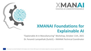 This project has received funding from the European Union’s Horizon 2020 research and innovation programme under grant agreement No 957362
XMANAI Foundations for
Explainable AI
“Explainable AI in Manufacturing” Workshop, October 11th, 2021
Dr. Fenareti Lampathaki (Suite5) – XMANAI Technical Coordinator
 