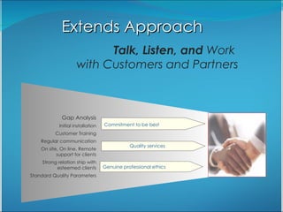 Extends Approach Talk, Listen, and  Work  with Customers and Partners Gap Analysis Initial installation Customer Training Regular communication On site, On line, Remote support for clients Strong relation ship with esteemed clients Standard Quality Parameters Commitment to be best   Quality services Genuine professional ethics 