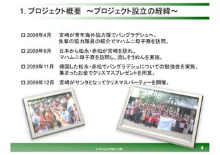 44© マハムニプロジェクト
1. プロジェクト概要 ～プロジェクト設立の経緯～
p 2008年4月 宮崎が青年海外協力隊でバングラデシュへ。
先輩の協力隊員の紹介でマハムニ母子寮を訪問。
p 2009年9月 日本から松永・赤松が宮崎を訪れ、
マハムニ母子寮を訪問し、流しそうめんを実施。
p 2009年11月 帰国した松永・赤松でバングラデシュについての勉強会を実施。
集まったお金でクリスマスプレゼントを用意。
p 2009年12月 宮崎がサンタとなってクリスマスパーティーを開催。
 