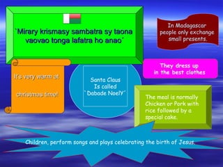 In Madagascar
people only exchange
small presents.
`Mirary krismasy sambatra sy taona`Mirary krismasy sambatra sy taona
va...