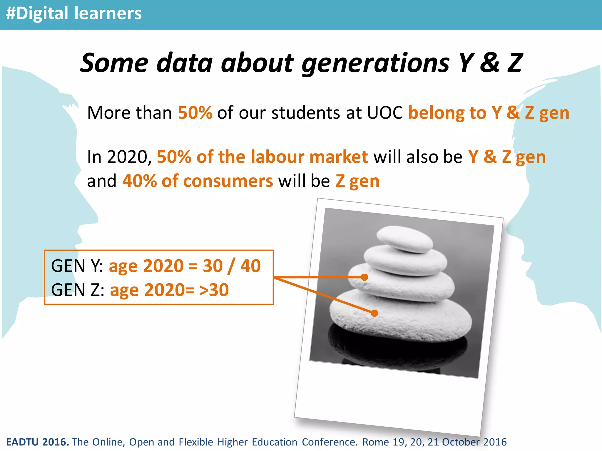 EADTU 2016. The Online, Open and Flexible Higher Education Conference. Rome 19, 20, 21 October 2016
Some data about generations Y & Z
#Digital learners
More than 50% of our students at UOC belong to Y & Z gen
GEN Y: age 2020 = 30 / 40
GEN Z: age 2020= >30
In 2020, 50% of the labour market will also be Y & Z gen
and 40% of consumers will be Z gen
 