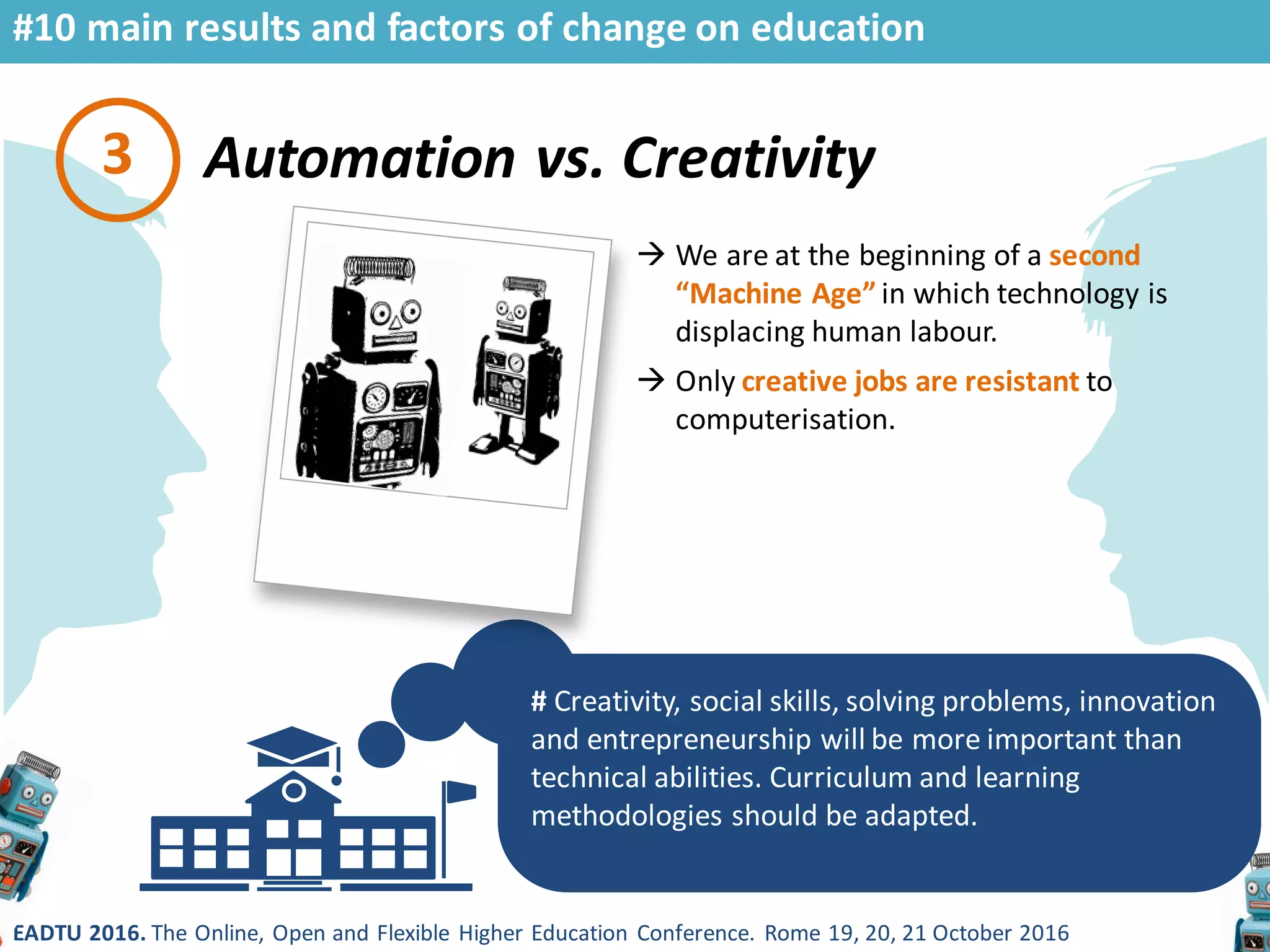 EADTU 2016. The Online, Open and Flexible Higher Education Conference. Rome 19, 20, 21 October 2016
Automation vs. Creativity
# Creativity, social skills, solving problems, innovation
and entrepreneurship will be more important than
technical abilities. Curriculum and learning
methodologies should be adapted.
3
 We are at the beginning of a second
“Machine Age” in which technology is
displacing human labour.
 Only creative jobs are resistant to
computerisation.
#10 main results and factors of change on education
 