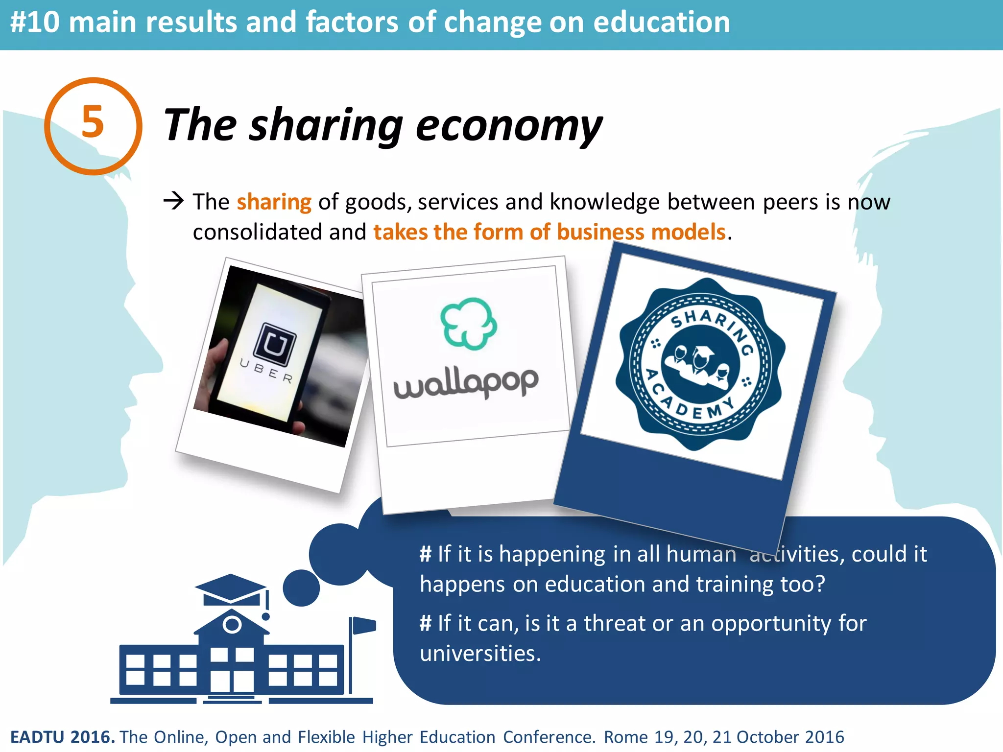 EADTU 2016. The Online, Open and Flexible Higher Education Conference. Rome 19, 20, 21 October 2016
The sharing economy
# If it is happening in all human activities, could it
happens on education and training too?
# If it can, is it a threat or an opportunity for
universities.
5
 The sharing of goods, services and knowledge between peers is now
consolidated and takes the form of business models.
#10 main results and factors of change on education
 