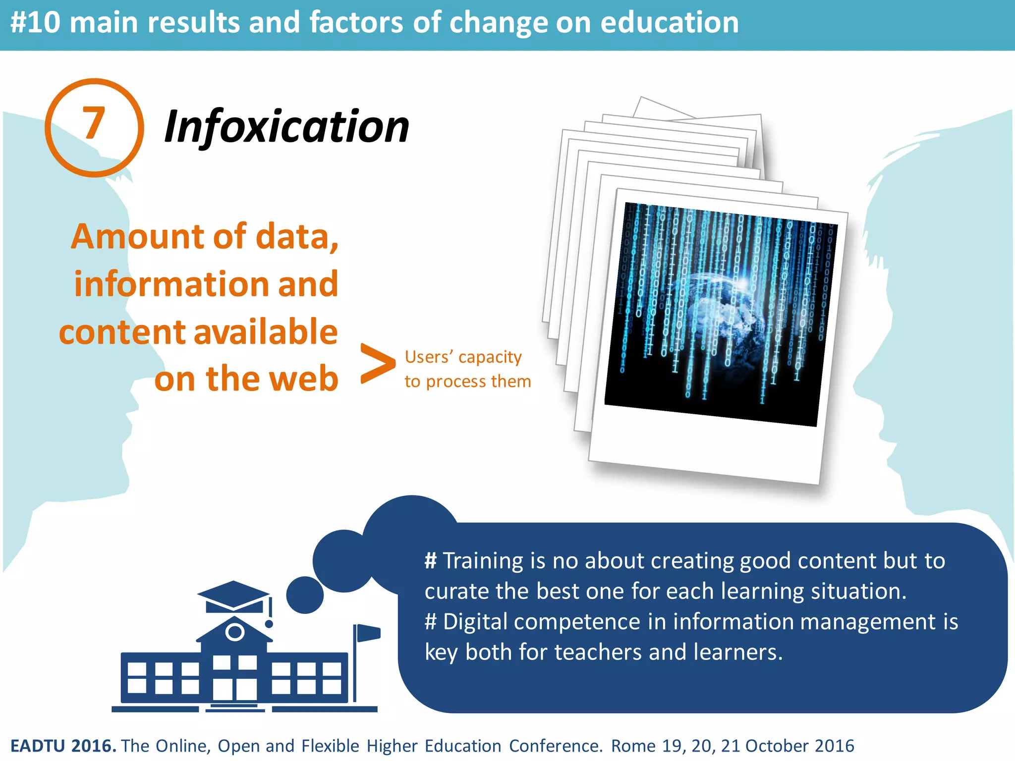 EADTU 2016. The Online, Open and Flexible Higher Education Conference. Rome 19, 20, 21 October 2016
Infoxication
# Training is no about creating good content but to
curate the best one for each learning situation.
# Digital competence in information management is
key both for teachers and learners.
7
Users’ capacity
to process them
#10 main results and factors of change on education
Amount of data,
information and
content available
on the web >
 