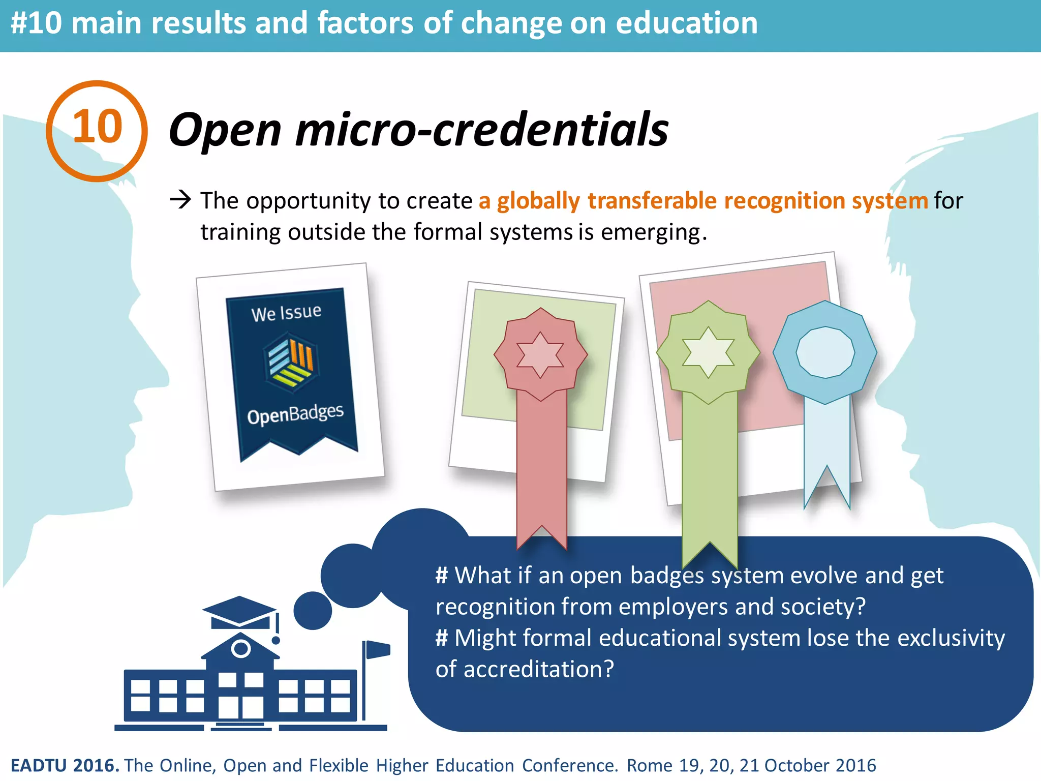 EADTU 2016. The Online, Open and Flexible Higher Education Conference. Rome 19, 20, 21 October 2016
Open micro-credentials
# What if an open badges system evolve and get
recognition from employers and society?
# Might formal educational system lose the exclusivity
of accreditation?
10
 The opportunity to create a globally transferable recognition system for
training outside the formal systems is emerging.
#10 main results and factors of change on education
 