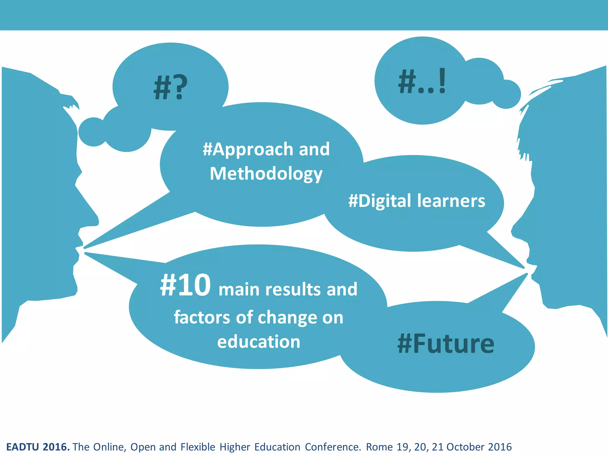 EADTU 2016. The Online, Open and Flexible Higher Education Conference. Rome 19, 20, 21 October 2016
#? #..!
#Digital learners
#Approach and
Methodology
#Future
#10 main results and
factors of change on
education
 
