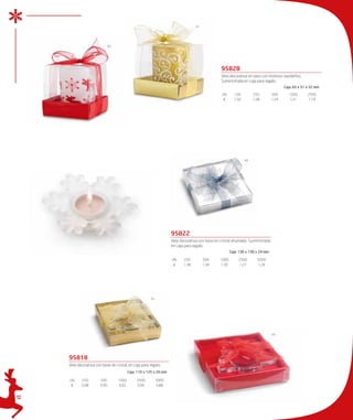 41




                               05




                                                                                                 95828
                                                                                                 Vela decorativa en vaso con motivos navideños.
                                                                                                 Suministrada en caja para regalo.
                                                                                                                                         Caja: 65 x 51 x 52 mm

                                                                                                  UN.     100         250         500       1000       2500
                                                                                                   €      1,32        1,28        1,24      1,21       1,19




                                                                                                                 44




                                                                     95822
                                                                     Vela decorativa con base en cristal ahumado. Suministrada
                                                                     en caja para regalo.
                                                                                                        Caja: 130 x 130 x 24 mm

                                                                     UN.    250         500      1000        2500       5000
                                                                      €     1,38        1,34     1,30        1,27       1,24




                                                        41




                                                                                                                                  05




     95818
     Vela decorativa con base de cristal, en caja para regalo.
                                           Caja: 110 x 125 x 20 mm

     UN.    250         500         1000        2500         5000
      €     0,98        0,95        0,92        0,90         0,88


12
 