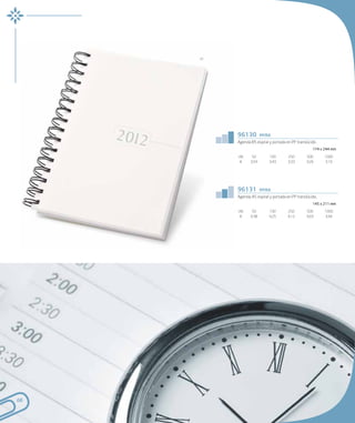 61




          96130         myra
          Agenda B5 espiral y portada en PP translúcido .
                                                      174 x 244 mm

          UN.     50        100        250        500       1000
           €     3,54       3,43       3,33       3,26      3,19




          96131         myra
          Agenda A5 espiral y portada en PP translúcido.
                                                      145 x 211 mm

          UN.     50        100        250        500       1000
           €     4,38       4,25       4,12       4,03      3,94




68
 