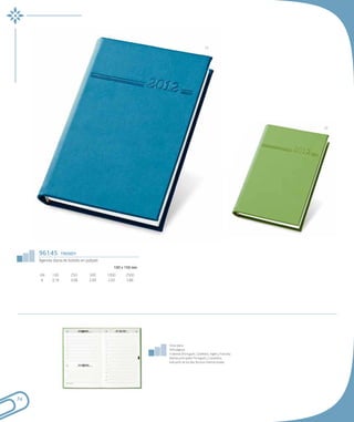 13




                                                                                                                       22




     96145          trendy
     Agenda diaria de bolsillo en polipiel.
                                                 100 x 150 mm

     UN.     100         250         500      1000     2500
      €      3,18        3,08        2,99     2,93     2,86




                                                                Vista diaria;
                                                                344 páginas;
                                                                4 idiomas (Portugués, Castellano, Inglés y Francés);
                                                                Idiomas principales: Portugués y Castellano;
                                                                Indicación de los días festivos Internacionales.




74
 