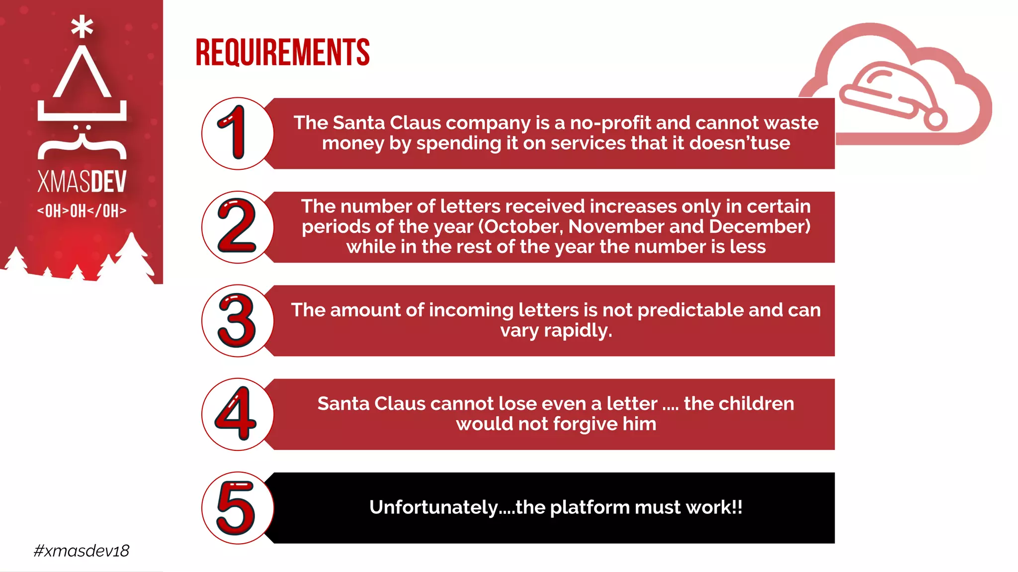 #xmasdev18
Requirements
The Santa Claus company is a no-profit and cannot waste
money by spending it on services that it doesn’tuse
The number of letters received increases only in certain
periods of the year (October, November and December)
while in the rest of the year the number is less
The amount of incoming letters is not predictable and can
vary rapidly.
Santa Claus cannot lose even a letter .... the children
would not forgive him
Unfortunately....the platform must work!!
 