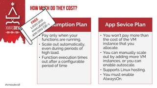 #xmasdev18
How much do they cost?
Consumption Plan
• Pay only when your
functions are running.
• Scale out automatically,
even during periods of
high load.
• Function execution times
out after a configurable
period of time
App Sevice Plan
• You won't pay more than
the cost of the VM
instance that you
allocate.
• You can manually scale
out by adding more VM
instances, or you can
enable autoscale.
• Supports Linux hosting.
• You must enable
AlwaysOn.
 