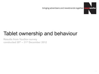 Tablet ownership and behaviour
Results from YouGov survey
conducted 28th – 31st December 2012




                                      1
 