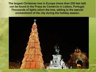 The largest Christmas tree in Europe (more than 230 feet tall)
can be found in the Praça do Comércio in Lisbon, Portugal.
...