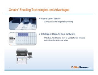 Xmatrx®
Enabling Technologies and Advantages
7
Ø 	Liquid	Level	Sensor	
•  Allows	accurate	reagent	dispensing	
Ø 	Intelligent	Open	System	SoKware	
•  Intui3ve,	ﬂexible	and	easy	to	use	soKware	enables	
quick	learning	and	easy	setup	
 