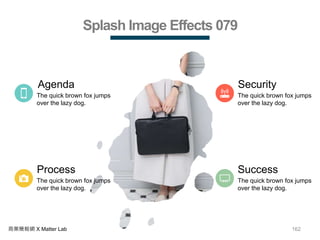 162商業簡報網 X Matter Lab
Splash Image Effects 079
Process
The quick brown fox jumps
over the lazy dog.
Agenda
The quick brown fox jumps
over the lazy dog.
Security
The quick brown fox jumps
over the lazy dog.
Success
The quick brown fox jumps
over the lazy dog.
 