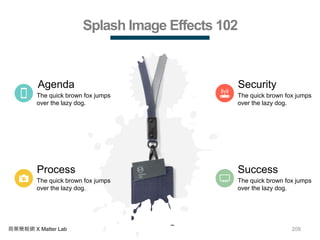 208商業簡報網 X Matter Lab
Splash Image Effects 102
Process
The quick brown fox jumps
over the lazy dog.
Agenda
The quick brown fox jumps
over the lazy dog.
Security
The quick brown fox jumps
over the lazy dog.
Success
The quick brown fox jumps
over the lazy dog.
 