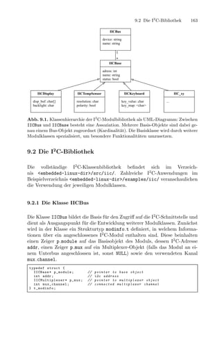 9.2 Die I2 C-Bibliothek            163

                                                IICBus

                                           device: string
                                           name: string

                                                     1
                                                     *
                                               IICBase

                                           adress: int
                                           name: string
                                           status: bool



     IICDisplay          IICTempSensor                      IICKeyboard                     IIC_xy

  disp_buf: char[]      resolution: char                  key_value: char             ...
  backlight: char       polarity: bool                    key_map: <char>



Abb. 9.1. Klassenhierarchie der I2 C-Modulbibliothek als UML-Diagramm: Zwischen
IICBus und IICBase besteht eine Assoziation. Mehrere Basis-Objekte sind dabei ge-
nau einem Bus-Objekt zugeordnet (Kardinalit¨t). Die Basisklasse wird durch weitere
                                            a
Modulklassen spezialisiert, um besondere Funktionalit¨ten umzusetzen.
                                                     a


9.2 Die I2 C-Bibliothek

Die vollst¨ndige I2 C-Klassenbibliothek beﬁndet sich im Verzeich-
            a
nis <embedded-linux-dir>/src/iic/. Zahlreiche I2 C-Anwendungen im
Beispielverzeichnis <embedded-linux-dir>/examples/iic/ veranschaulichen
die Verwendung der jeweiligen Modulklassen.


9.2.1 Die Klasse IICBus

Die Klasse IICBus bildet die Basis f¨r den Zugriﬀ auf die I2 C-Schnittstelle und
                                    u
dient als Ausgangspunkt f¨r die Entwicklung weiterer Modulklassen. Zun¨chst
                          u                                                a
wird in der Klasse ein Strukturtyp modinfo t deﬁniert, in welchem Informa-
tionen uber ein angeschlossenes I2 C-Modul enthalten sind. Diese beinhalten
        ¨
einen Zeiger p module auf das Basisobjekt des Moduls, dessen I2 C-Adresse
addr, einen Zeiger p mux auf ein Multiplexer-Objekt (falls das Modul an ei-
nem Unterbus angeschlossen ist, sonst NULL) sowie den verwendeten Kanal
mux channel.
typedef struct {
  IICBase * p_module ;         //   pointer to base object
  int addr ;                   //   i2c address
  IICM ultiple xer * p_mux ;   //   pointer to m u l t i p l e x e r object
  int mux_channel ;            //   c o n n e c t e d m u l t i p l e x e r channel
} t_modinfo ;
 