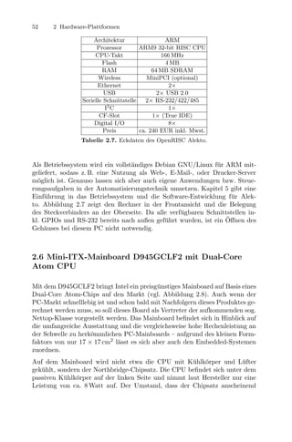 52     2 Hardware-Plattformen

                     Architektur                 ARM
                       Prozessor        ARM9 32-bit RISC CPU
                      CPU-Takt                  166 MHz
                         Flash                    4 MB
                         RAM                 64 MB SDRAM
                        Wireless           MiniPCI (optional)
                       Ethernet                    2×
                          USB                  2× USB 2.0
                 Serielle Schnittstelle   2× RS-232/422/485
                          I2 C                     1×
                        CF-Slot              1× (True IDE)
                      Digital I/O                  8×
                          Preis         ca. 240 EUR inkl. Mwst.
                Tabelle 2.7. Eckdaten des OpenRISC Alekto.



Als Betriebssystem wird ein vollst¨ndiges Debian GNU/Linux f¨r ARM mit-
                                   a                          u
geliefert, sodass z. B. eine Nutzung als Web-, E-Mail-, oder Drucker-Server
m¨glich ist. Genauso lassen sich aber auch eigene Anwendungen bzw. Steue-
  o
rungsaufgaben in der Automatisierungstechnik umsetzen. Kapitel 5 gibt eine
Einf¨hrung in das Betriebssystem und die Software-Entwicklung f¨r Alek-
     u                                                             u
to. Abbildung 2.7 zeigt den Rechner in der Frontansicht und die Belegung
des Steckverbinders an der Oberseite. Da alle verf¨gbaren Schnittstellen in-
                                                  u
                                                                 ¨
kl. GPIOs und RS-232 bereits nach außen gef¨hrt wurden, ist ein Oﬀnen des
                                             u
Geh¨uses bei diesem PC nicht notwendig.
     a



2.6 Mini-ITX-Mainboard D945GCLF2 mit Dual-Core
Atom CPU

Mit dem D945GCLF2 bringt Intel ein preisg¨nstiges Mainboard auf Basis eines
                                            u
Dual-Core Atom-Chips auf den Markt (vgl. Abbildung 2.8). Auch wenn der
PC-Markt schnelllebig ist und schon bald mit Nachfolgern dieses Produktes ge-
rechnet werden muss, so soll dieses Board als Vertreter der aufkommenden sog.
Nettop-Klasse vorgestellt werden. Das Mainboard beﬁndet sich in Hinblick auf
die umfangreiche Ausstattung und die vergleichsweise hohe Rechenleistung an
der Schwelle zu herk¨mmlichen PC-Mainboards – aufgrund des kleinen Form-
                    o
faktors von nur 17 × 17 cm2 l¨sst es sich aber auch den Embedded-Systemen
                              a
zuordnen.
Auf dem Mainboard wird nicht etwa die CPU mit K¨hlk¨rper und L¨fter
                                                     u o              u
gek¨hlt, sondern der Northbridge-Chipsatz. Die CPU beﬁndet sich unter dem
   u
passiven K¨hlk¨rper auf der linken Seite und nimmt laut Hersteller nur eine
           u o
Leistung von ca. 8 Watt auf. Der Umstand, dass der Chipsatz anscheinend
 