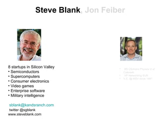 Steve Blank , Jon Feiber 8 startups in Silicon Valley Semiconductors Supercomputers Consumer electronics Video games Enterprise software Military intelligence [email_address] twitter @sgblank www.steveblank.com BS CS/Astro Physics U of Colorado VP Networking SUN V.C. @ MDV since 1991 