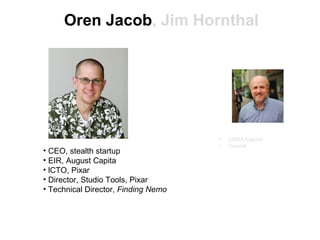 Oren Jacob , Jim Hornthal CEO, stealth startup EIR, August Capita lCTO, Pixar Director, Studio Tools, Pixar Technical Director,  Finding Nemo CMEA Capital Triporati 