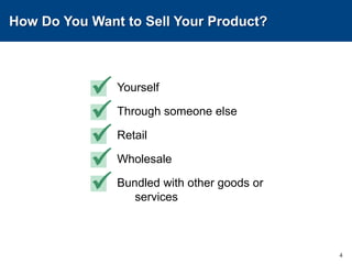How Do You Want to Sell Your Product?YourselfThrough someone elseRetailWholesaleBundled with other goods or services4üüüüü