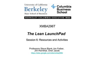 The Lean LaunchPad Session 6: Resources and Activities Professors Steve Blank,Jon Feiber,  Jim Hornthal, Oren Jacob https://sites.google.com/site/xmba296t / XMBA296T 