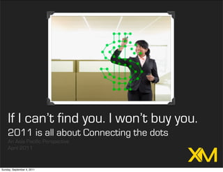 If I can’t find you. I won’t buy you.
    2011 is all about Connecting the dots
    An Asia Pacific Perspective
    April 2011


Sunday, September 4, 2011
 