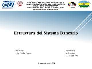 Estructura del Sistema Bancario
Profesora
Lcda. Emilse García
Estudiante
José Muñoz
C.I 25.059.608
Septiembre 2020
 