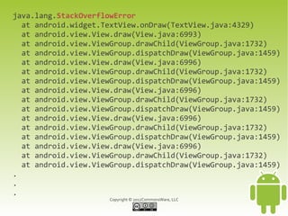 java.lang.StackOverflowError
  at android.widget.TextView.onDraw(TextView.java:4329)
  at android.view.View.draw(View.java:6993)
  at android.view.ViewGroup.drawChild(ViewGroup.java:1732)
  at android.view.ViewGroup.dispatchDraw(ViewGroup.java:1459)
  at android.view.View.draw(View.java:6996)
  at android.view.ViewGroup.drawChild(ViewGroup.java:1732)
  at android.view.ViewGroup.dispatchDraw(ViewGroup.java:1459)
  at android.view.View.draw(View.java:6996)
  at android.view.ViewGroup.drawChild(ViewGroup.java:1732)
  at android.view.ViewGroup.dispatchDraw(ViewGroup.java:1459)
  at android.view.View.draw(View.java:6996)
  at android.view.ViewGroup.drawChild(ViewGroup.java:1732)
  at android.view.ViewGroup.dispatchDraw(ViewGroup.java:1459)
  at android.view.View.draw(View.java:6996)
  at android.view.ViewGroup.drawChild(ViewGroup.java:1732)
  at android.view.ViewGroup.dispatchDraw(ViewGroup.java:1459)
.
.
.
                      Copyright © 2012CommonsWare, LLC
 
