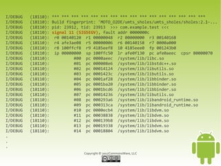 I/DEBUG   (18110):   *** *** *** *** *** *** *** *** *** *** *** *** *** *** *** ***
I/DEBUG   (18110):   Build fingerprint: 'MOTO_O2DE/umts_sholes/umts_sholes/sholes:2.1-...
I/DEBUG   (18110):   pid: 23912, tid: 23913 >>> com.example.test <<<
I/DEBUG   (18110):   signal 11 (SIGSEGV), fault addr 0000000c
I/DEBUG   (18110):    r0 00140120 r1 00000048 r2 00000000 r3 00140168
I/DEBUG   (18110):    r4 afe3ae08 r5 00000006 r6 00140158 r7 0000a000
I/DEBUG   (18110):    r8 100ffcf8 r9 4185eef8 10 4185eee0 fp 001243b0
I/DEBUG   (18110):    ip 00000000 sp 100ffc50 lr afe0f130 pc afe0aeec cpsr 80000070
I/DEBUG   (18110):            #00 pc 0000aeec /system/lib/libc.so
I/DEBUG   (18110):            #01 pc 000008e6 /system/lib/libstdc++.so
I/DEBUG   (18110):            #02 pc 00014124 /system/lib/libutils.so
I/DEBUG   (18110):            #03 pc 0001423c /system/lib/libutils.so
I/DEBUG   (18110):            #04 pc 0001af28 /system/lib/libbinder.so
I/DEBUG   (18110):            #05 pc 0001ba20 /system/lib/libbinder.so
I/DEBUG   (18110):            #06 pc 0001bcd6 /system/lib/libbinder.so
I/DEBUG   (18110):            #07 pc 00014236 /system/lib/libutils.so
I/DEBUG   (18110):            #08 pc 000293a6 /system/lib/libandroid_runtime.so
I/DEBUG   (18110):            #09 pc 000313ca /system/lib/libandroid_runtime.so
I/DEBUG   (18110):            #10 pc 0000ecb4 /system/lib/libdvm.so
I/DEBUG   (18110):            #11 pc 00038838 /system/lib/libdvm.so
I/DEBUG   (18110):            #12 pc 000139b8 /system/lib/libdvm.so
I/DEBUG   (18110):            #13 pc 00019338 /system/lib/libdvm.so
I/DEBUG   (18110):            #14 pc 00018804 /system/lib/libdvm.so
.
.
.
                                  Copyright © 2012CommonsWare, LLC
 