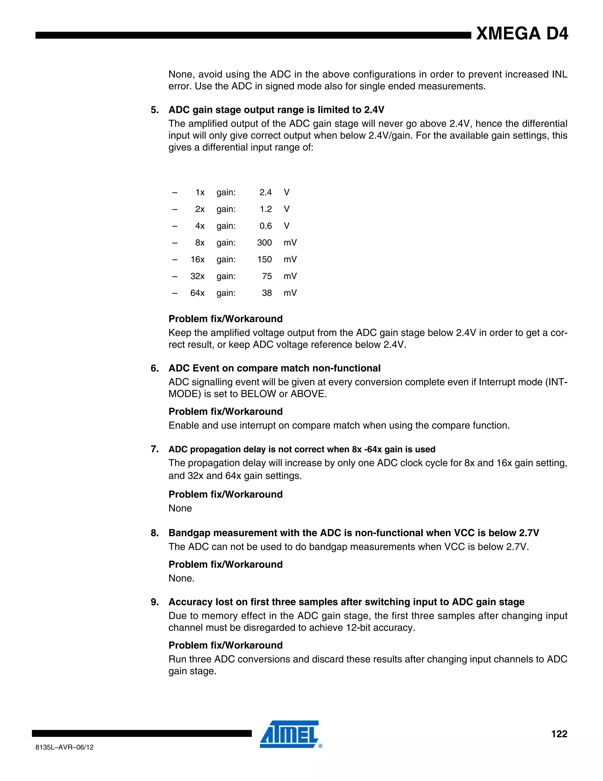 122
8135L–AVR–06/12
XMEGA D4
None, avoid using the ADC in the above configurations in order to prevent increased INL
error. Use the ADC in signed mode also for single ended measurements.
5. ADC gain stage output range is limited to 2.4V
The amplified output of the ADC gain stage will never go above 2.4V, hence the differential
input will only give correct output when below 2.4V/gain. For the available gain settings, this
gives a differential input range of:
Problem fix/Workaround
Keep the amplified voltage output from the ADC gain stage below 2.4V in order to get a cor-
rect result, or keep ADC voltage reference below 2.4V.
6. ADC Event on compare match non-functional
ADC signalling event will be given at every conversion complete even if Interrupt mode (INT-
MODE) is set to BELOW or ABOVE.
Problem fix/Workaround
Enable and use interrupt on compare match when using the compare function.
7. ADC propagation delay is not correct when 8x -64x gain is used
The propagation delay will increase by only one ADC clock cycle for 8x and 16x gain setting,
and 32x and 64x gain settings.
Problem fix/Workaround
None
8. Bandgap measurement with the ADC is non-functional when VCC is below 2.7V
The ADC can not be used to do bandgap measurements when VCC is below 2.7V.
Problem fix/Workaround
None.
9. Accuracy lost on first three samples after switching input to ADC gain stage
Due to memory effect in the ADC gain stage, the first three samples after changing input
channel must be disregarded to achieve 12-bit accuracy.
Problem fix/Workaround
Run three ADC conversions and discard these results after changing input channels to ADC
gain stage.
– 1x gain: 2.4 V
– 2x gain: 1.2 V
– 4x gain: 0.6 V
– 8x gain: 300 mV
– 16x gain: 150 mV
– 32x gain: 75 mV
– 64x gain: 38 mV
 