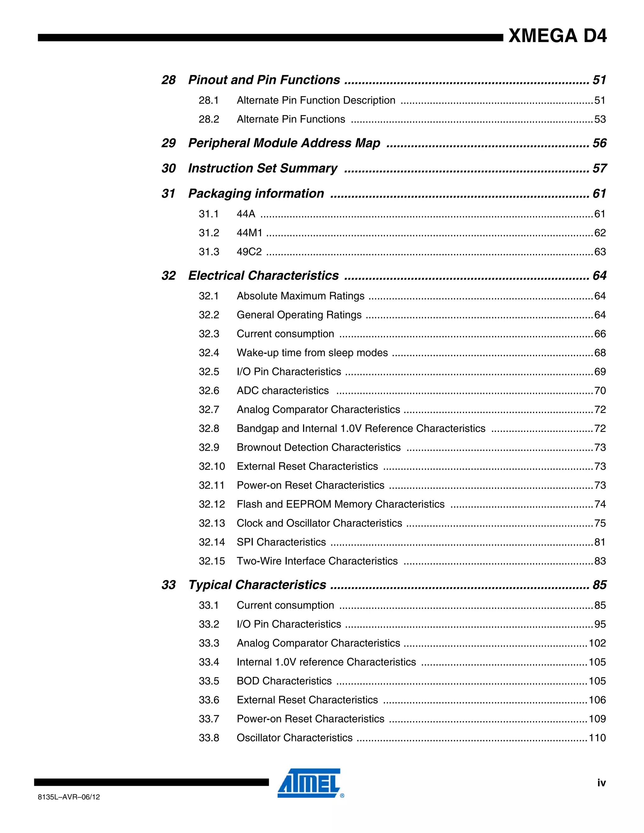 iv
8135L–AVR–06/12
XMEGA D4
28 Pinout and Pin Functions ...................................................................... 51
28.1 Alternate Pin Function Description ..................................................................51
28.2 Alternate Pin Functions ...................................................................................53
29 Peripheral Module Address Map .......................................................... 56
30 Instruction Set Summary ...................................................................... 57
31 Packaging information .......................................................................... 61
31.1 44A ..................................................................................................................61
31.2 44M1 ................................................................................................................62
31.3 49C2 ................................................................................................................63
32 Electrical Characteristics ...................................................................... 64
32.1 Absolute Maximum Ratings .............................................................................64
32.2 General Operating Ratings ..............................................................................64
32.3 Current consumption .......................................................................................66
32.4 Wake-up time from sleep modes .....................................................................68
32.5 I/O Pin Characteristics .....................................................................................69
32.6 ADC characteristics ........................................................................................70
32.7 Analog Comparator Characteristics .................................................................72
32.8 Bandgap and Internal 1.0V Reference Characteristics ...................................72
32.9 Brownout Detection Characteristics ................................................................73
32.10 External Reset Characteristics ........................................................................73
32.11 Power-on Reset Characteristics ......................................................................73
32.12 Flash and EEPROM Memory Characteristics .................................................74
32.13 Clock and Oscillator Characteristics ................................................................75
32.14 SPI Characteristics ..........................................................................................81
32.15 Two-Wire Interface Characteristics .................................................................83
33 Typical Characteristics .......................................................................... 85
33.1 Current consumption .......................................................................................85
33.2 I/O Pin Characteristics .....................................................................................95
33.3 Analog Comparator Characteristics ...............................................................102
33.4 Internal 1.0V reference Characteristics .........................................................105
33.5 BOD Characteristics ......................................................................................105
33.6 External Reset Characteristics ......................................................................106
33.7 Power-on Reset Characteristics ....................................................................109
33.8 Oscillator Characteristics ...............................................................................110
 