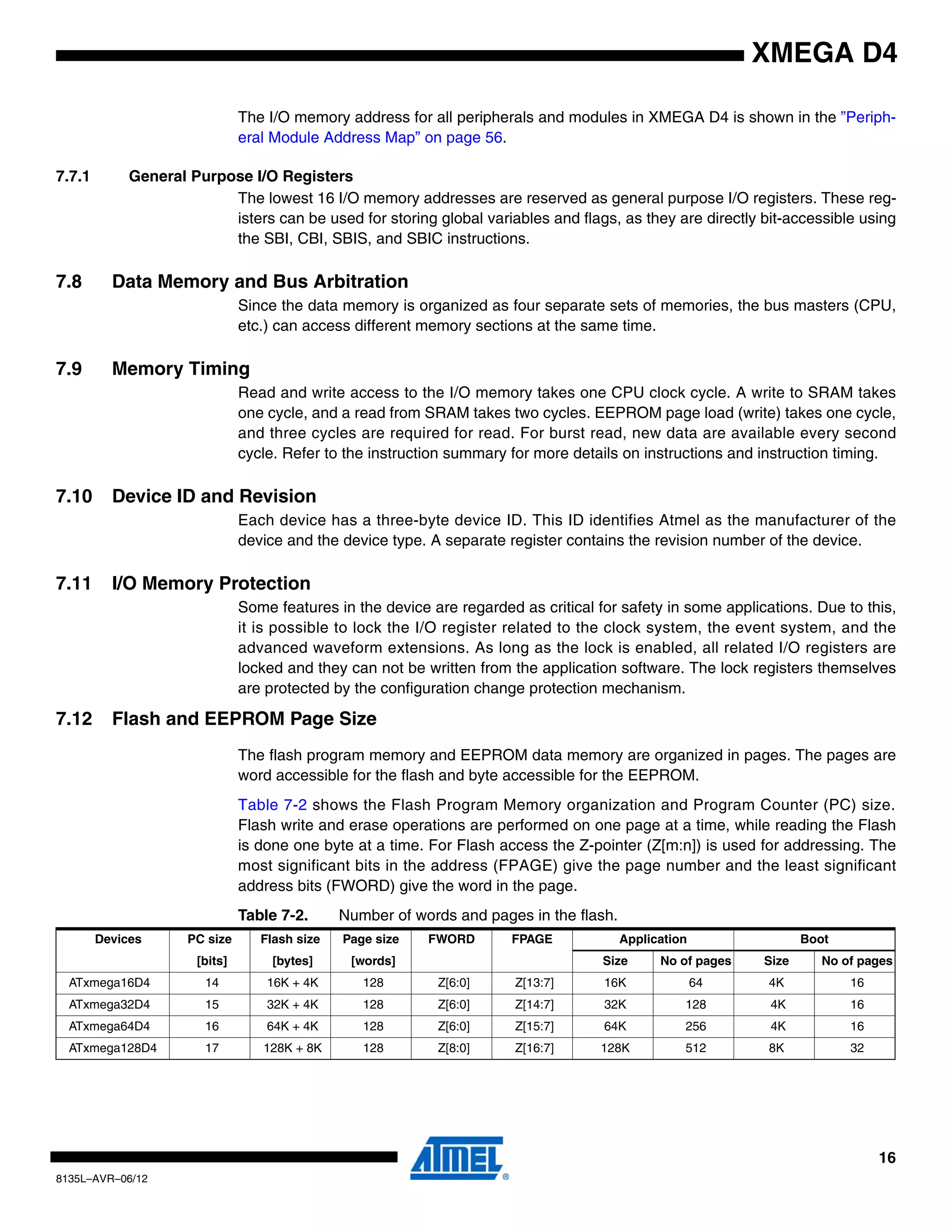 16
8135L–AVR–06/12
XMEGA D4
The I/O memory address for all peripherals and modules in XMEGA D4 is shown in the ”Periph-
eral Module Address Map” on page 56.
7.7.1 General Purpose I/O Registers
The lowest 16 I/O memory addresses are reserved as general purpose I/O registers. These reg-
isters can be used for storing global variables and flags, as they are directly bit-accessible using
the SBI, CBI, SBIS, and SBIC instructions.
7.8 Data Memory and Bus Arbitration
Since the data memory is organized as four separate sets of memories, the bus masters (CPU,
etc.) can access different memory sections at the same time.
7.9 Memory Timing
Read and write access to the I/O memory takes one CPU clock cycle. A write to SRAM takes
one cycle, and a read from SRAM takes two cycles. EEPROM page load (write) takes one cycle,
and three cycles are required for read. For burst read, new data are available every second
cycle. Refer to the instruction summary for more details on instructions and instruction timing.
7.10 Device ID and Revision
Each device has a three-byte device ID. This ID identifies Atmel as the manufacturer of the
device and the device type. A separate register contains the revision number of the device.
7.11 I/O Memory Protection
Some features in the device are regarded as critical for safety in some applications. Due to this,
it is possible to lock the I/O register related to the clock system, the event system, and the
advanced waveform extensions. As long as the lock is enabled, all related I/O registers are
locked and they can not be written from the application software. The lock registers themselves
are protected by the configuration change protection mechanism.
7.12 Flash and EEPROM Page Size
The flash program memory and EEPROM data memory are organized in pages. The pages are
word accessible for the flash and byte accessible for the EEPROM.
Table 7-2 shows the Flash Program Memory organization and Program Counter (PC) size.
Flash write and erase operations are performed on one page at a time, while reading the Flash
is done one byte at a time. For Flash access the Z-pointer (Z[m:n]) is used for addressing. The
most significant bits in the address (FPAGE) give the page number and the least significant
address bits (FWORD) give the word in the page.
Table 7-2. Number of words and pages in the flash.
Devices PC size Flash size Page size FWORD FPAGE Application Boot
[bits] [bytes] [words] Size No of pages Size No of pages
ATxmega16D4 14 16K + 4K 128 Z[6:0] Z[13:7] 16K 64 4K 16
ATxmega32D4 15 32K + 4K 128 Z[6:0] Z[14:7] 32K 128 4K 16
ATxmega64D4 16 64K + 4K 128 Z[6:0] Z[15:7] 64K 256 4K 16
ATxmega128D4 17 128K + 8K 128 Z[8:0] Z[16:7] 128K 512 8K 32
 