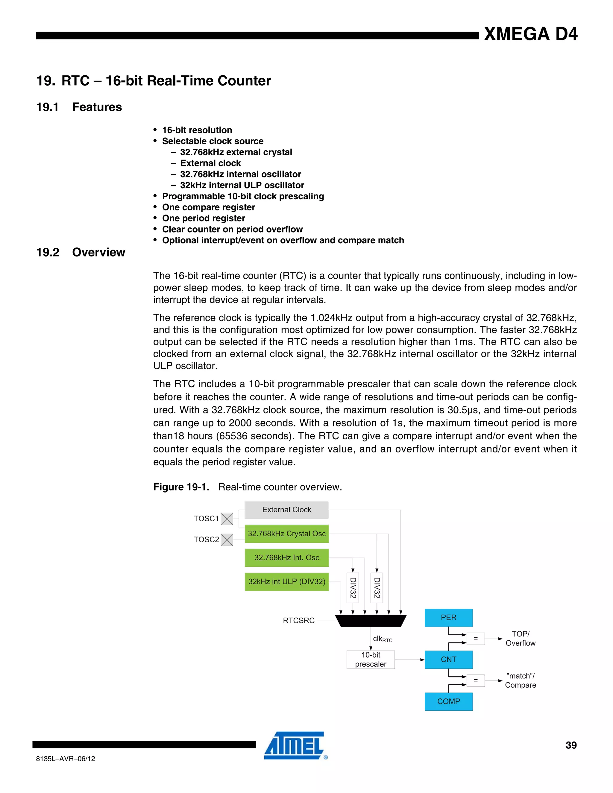 39
8135L–AVR–06/12
XMEGA D4
19. RTC – 16-bit Real-Time Counter
19.1 Features
• 16-bit resolution
• Selectable clock source
– 32.768kHz external crystal
– External clock
– 32.768kHz internal oscillator
– 32kHz internal ULP oscillator
• Programmable 10-bit clock prescaling
• One compare register
• One period register
• Clear counter on period overflow
• Optional interrupt/event on overflow and compare match
19.2 Overview
The 16-bit real-time counter (RTC) is a counter that typically runs continuously, including in low-
power sleep modes, to keep track of time. It can wake up the device from sleep modes and/or
interrupt the device at regular intervals.
The reference clock is typically the 1.024kHz output from a high-accuracy crystal of 32.768kHz,
and this is the configuration most optimized for low power consumption. The faster 32.768kHz
output can be selected if the RTC needs a resolution higher than 1ms. The RTC can also be
clocked from an external clock signal, the 32.768kHz internal oscillator or the 32kHz internal
ULP oscillator.
The RTC includes a 10-bit programmable prescaler that can scale down the reference clock
before it reaches the counter. A wide range of resolutions and time-out periods can be config-
ured. With a 32.768kHz clock source, the maximum resolution is 30.5µs, and time-out periods
can range up to 2000 seconds. With a resolution of 1s, the maximum timeout period is more
than18 hours (65536 seconds). The RTC can give a compare interrupt and/or event when the
counter equals the compare register value, and an overflow interrupt and/or event when it
equals the period register value.
Figure 19-1. Real-time counter overview.
32.768kHz Crystal Osc
32.768kHz Int. Osc
TOSC1
TOSC2
External Clock
DIV32
DIV32
32kHz int ULP (DIV32)
RTCSRC
10-bit
prescaler
clkRTC
CNT
PER
COMP
=
=
”match”/
Compare
TOP/
Overflow
 