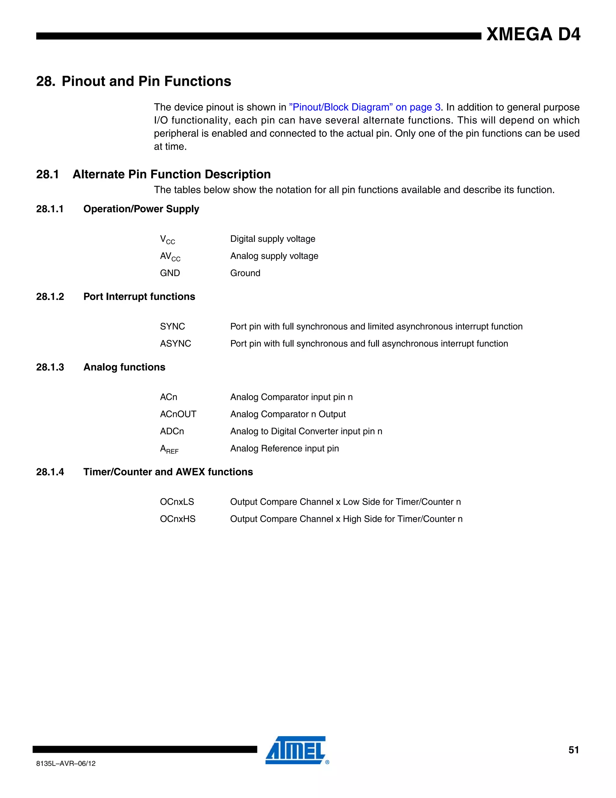 51
8135L–AVR–06/12
XMEGA D4
28. Pinout and Pin Functions
The device pinout is shown in ”Pinout/Block Diagram” on page 3. In addition to general purpose
I/O functionality, each pin can have several alternate functions. This will depend on which
peripheral is enabled and connected to the actual pin. Only one of the pin functions can be used
at time.
28.1 Alternate Pin Function Description
The tables below show the notation for all pin functions available and describe its function.
28.1.1 Operation/Power Supply
28.1.2 Port Interrupt functions
28.1.3 Analog functions
28.1.4 Timer/Counter and AWEX functions
VCC Digital supply voltage
AVCC Analog supply voltage
GND Ground
SYNC Port pin with full synchronous and limited asynchronous interrupt function
ASYNC Port pin with full synchronous and full asynchronous interrupt function
ACn Analog Comparator input pin n
ACnOUT Analog Comparator n Output
ADCn Analog to Digital Converter input pin n
AREF Analog Reference input pin
OCnxLS Output Compare Channel x Low Side for Timer/Counter n
OCnxHS Output Compare Channel x High Side for Timer/Counter n
 