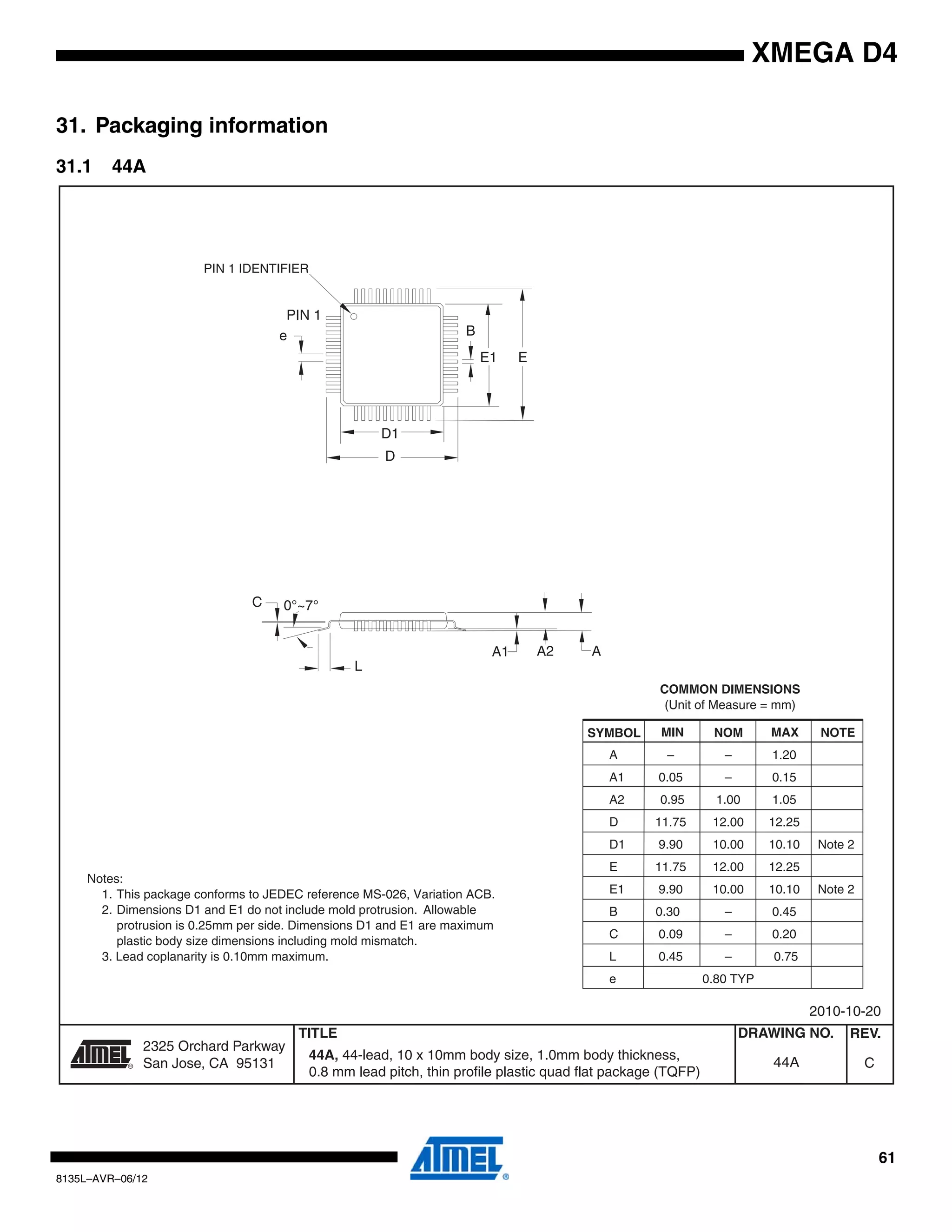 61
8135L–AVR–06/12
XMEGA D4
31. Packaging information
31.1 44A
2325 Orchard Parkway
San Jose, CA 95131
TITLE DRAWING NO.
R
REV.
44A, 44-lead, 10 x 10mm body size, 1.0mm body thickness,
0.8 mm lead pitch, thin profile plastic quad flat package (TQFP)
C44A
2010-10-20
PIN 1 IDENTIFIER
0°~7°
PIN 1
L
C
A1 A2 A
D1
D
e
E1 E
B
COMMON DIMENSIONS
(Unit of Measure = mm)
SYMBOL MIN NOM MAX NOTE
Notes:
1. This package conforms to JEDEC reference MS-026, Variation ACB.
2. Dimensions D1 and E1 do not include mold protrusion. Allowable
protrusion is 0.25mm per side. Dimensions D1 and E1 are maximum
plastic body size dimensions including mold mismatch.
3. Lead coplanarity is 0.10mm maximum.
A – – 1.20
A1 0.05 – 0.15
A2 0.95 1.00 1.05
D 11.75 12.00 12.25
D1 9.90 10.00 10.10 Note 2
E 11.75 12.00 12.25
E1 9.90 10.00 10.10 Note 2
B 0.30 – 0.45
C 0.09 – 0.20
L 0.45 – 0.75
e 0.80 TYP
 