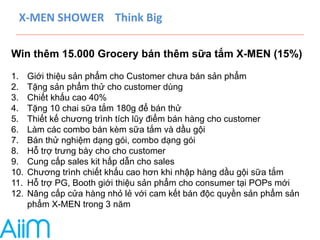 X-­‐MEN 
SHOWER 
Think 
Big 
Win thêm 15.000 Grocery bán thêm sữa tắm X-MEN (15%) 
1. Giới thiệu sản phẩm cho Customer chưa bán sản phẩm 
2. Tặng sản phẩm thử cho customer dùng 
3. Chiết khấu cao 40% 
4. Tặng 10 chai sữa tắm 180g để bán thử 
5. Thiết kế chương trình tích lũy điểm bán hàng cho customer 
6. Làm các combo bán kèm sữa tắm và dầu gội 
7. Bán thử nghiệm dạng gói, combo dạng gói 
8. Hỗ trợ trưng bày cho cho customer 
9. Cung cấp sales kit hấp dẫn cho sales 
10. Chương trình chiết khấu cao hơn khi nhập hàng dầu gội sữa tắm 
11. Hỗ trợ PG, Booth giới thiệu sản phẩm cho consumer tại POPs mới 
12. Nâng cấp cửa hàng nhỏ lẻ với cam kết bán độc quyền sản phẩm sản 
phẩm X-MEN trong 3 năm 
 