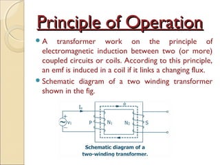 Principle of OperationPrinciple of Operation
A transformer work on the principle of
electromagnetic induction between two (or more)
coupled circuits or coils. According to this principle,
an emf is induced in a coil if it links a changing flux.
Schematic diagram of a two winding transformer
shown in the fig.
 