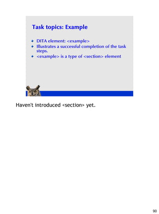 Task topics: Example

        DITA element: <example>
        Illustrates a successful completion of the task
        step...