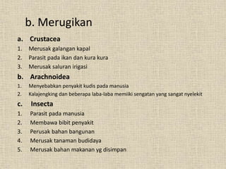 b. Merugikan
a. Crustacea
1. Merusak galangan kapal
2. Parasit pada ikan dan kura kura
3. Merusak saluran irigasi
b. Arachnoidea
1. Menyebabkan penyakit kudis pada manusia
2. Kalajengking dan beberapa laba-laba memiiki sengatan yang sangat nyelekit
c. Insecta
1. Parasit pada manusia
2. Membawa bibit penyakit
3. Perusak bahan bangunan
4. Merusak tanaman budidaya
5. Merusak bahan makanan yg disimpan
 