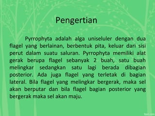 Pengertian
Pyrrophyta adalah alga uniseluler dengan dua
flagel yang berlainan, berbentuk pita, keluar dari sisi
perut dalam suatu saluran. Pyrrophyta memiliki alat
gerak berupa flagel sebanyak 2 buah, satu buah
melingkar sedangkan satu lagi berada dibagian
posterior. Ada juga flagel yang terletak di bagian
lateral. Bila flagel yang melingkar bergerak, maka sel
akan berputar dan bila flagel bagian posterior yang
bergerak maka sel akan maju.
 