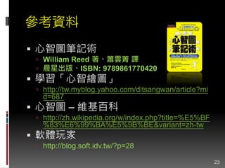 參考資料
 心智圖筆記術
 William Reed 著、蕭雲菁 譯
 晨星出版、ISBN: 9789861770420
 學習「心智繪圖」
 http://tw.myblog.yahoo.com/ditsangwan/article?mi
d=687
 心智圖 – 維基百科
 http://zh.wikipedia.org/w/index.php?title=%E5%BF
%83%E6%99%BA%E5%9B%BE&variant=zh-tw
 軟體玩家
 http://blog.soft.idv.tw/?p=28
23
 