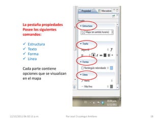 La pestaña propiedades
          Posee los siguientes
          comandos:

             Estructura
             Texto
             Forma
             Línea

          Cada parte contiene
          opciones que se visualizan
          en el mapa




12/12/2011 06:50:13 p.m.           Por José Cruzalegui Arellano   18
 