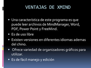 VENTAJAS DE XMIND
Una característica de este programa es que
puede leer archivos de MindManager, Word,
PDF, Power Point y FreeMind.
Es de uso libre
Existen versiones en diferentes idiomas ademas
del chino.
Ofrece variedad de organizadores gráficos para
utilizar.
Es de fácil manejo y edición