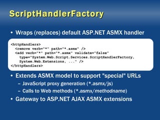 ScriptHandlerFactory Wraps (replaces) default ASP.NET ASMX handler Extends ASMX model to support "special" URLs JavaScript proxy generation (*.asmx/js) Calls to Web methods (*.asmx/ methodname ) Gateway to ASP.NET AJAX ASMX extensions <httpHandlers> <remove verb="*" path="*.asmx" /> <add verb="*" path="*.asmx" validate="false" type="System.Web.Script.Services.ScriptHandlerFactory, System.Web.Extensions, ..." /> </httpHandlers> 