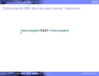 Mini Curso XML


O documento XML deve ter pelo menos 1 elemento




             <mensagem>Olá!</mensagem
             >




27      XML Básico – FAESA – 16-out-2009 | Confidencial   © 2009 IBM Corporation
 